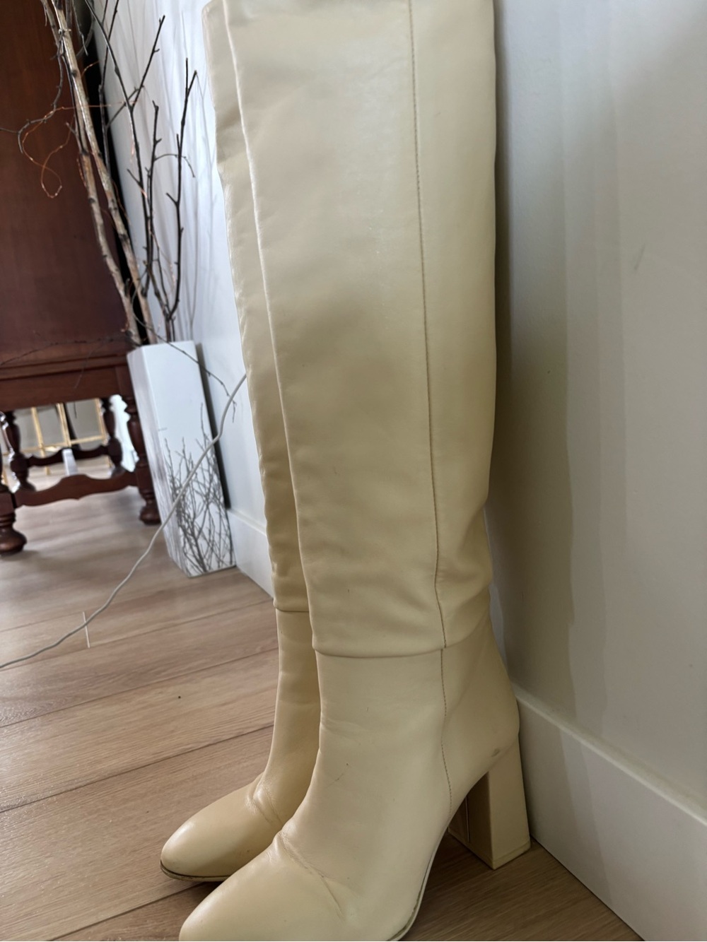 Zara Leather Tall Block Heel Boots in Cream/Ecru - Picture 7 of 12